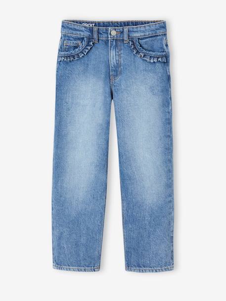 Rechte jeans MorphologiK meisjes heupomvang Large donkerblauw+gebleekt denim+stone - vertbaudet enfant 