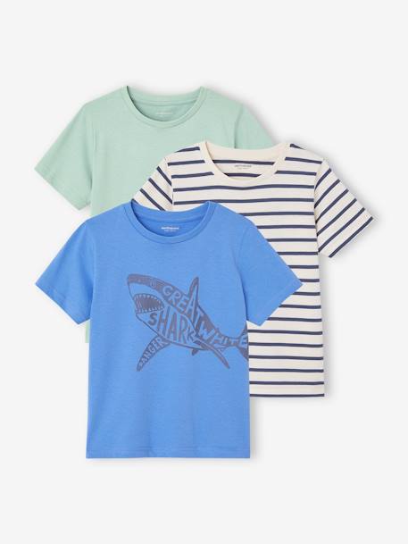 Set van 3 geassorteerde jongens-T-shirts met korte mouwen azuurblauw+blauwgroen+cappuccino+gemêleerd wit+groen+set mastic - vertbaudet enfant 