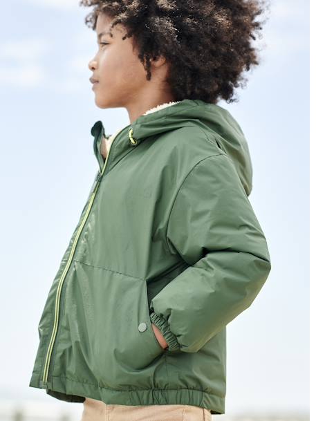 Windjack met capuchon en sherpavoering voor jongens kaki+karamel+marineblauw+olijf - vertbaudet enfant 