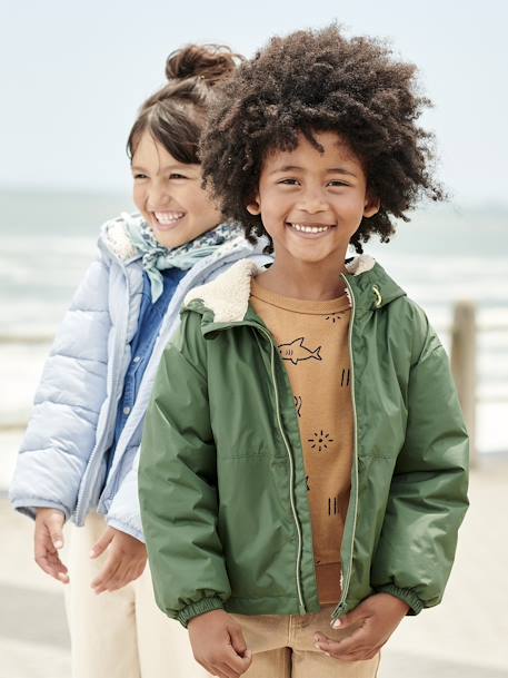 Windjack met capuchon en sherpavoering voor jongens kaki+karamel+marineblauw+olijf - vertbaudet enfant 