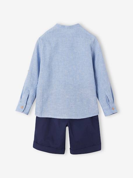 Net jongenshemd, Mao-kraag en korte broek beige+blauw, gestreept - vertbaudet enfant 