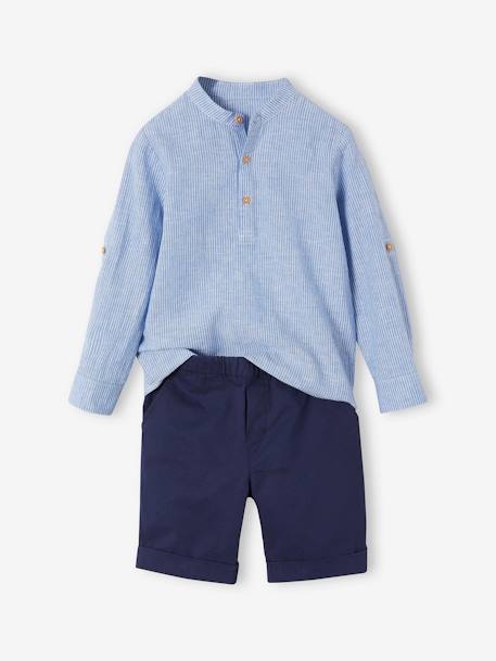 Net jongenshemd, Mao-kraag en korte broek beige+blauw, gestreept - vertbaudet enfant 