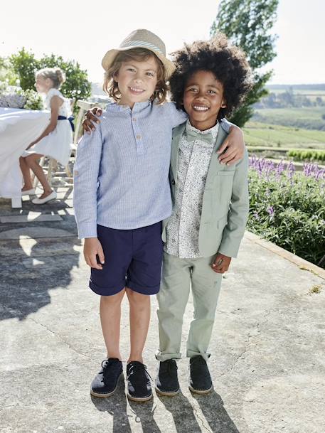Net jongenshemd, Mao-kraag en korte broek beige+blauw, gestreept - vertbaudet enfant 