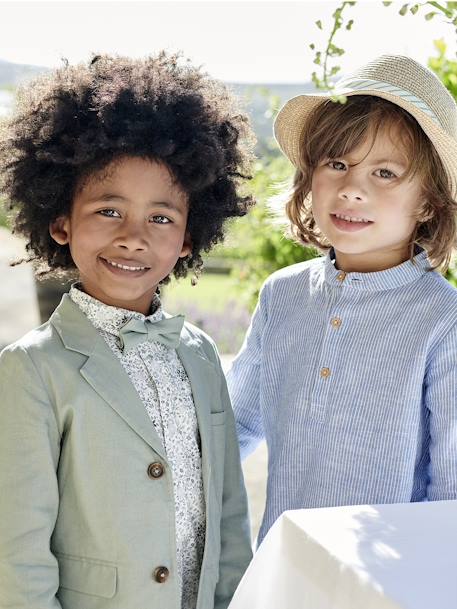 Net jongenshemd, Mao-kraag en korte broek beige+blauw, gestreept - vertbaudet enfant 