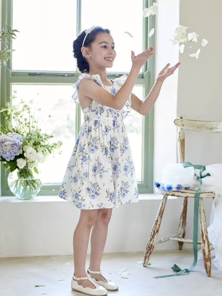 Feestelijke jurk met ruches en bloemmotief blauw, bedrukt+vanille - vertbaudet enfant 