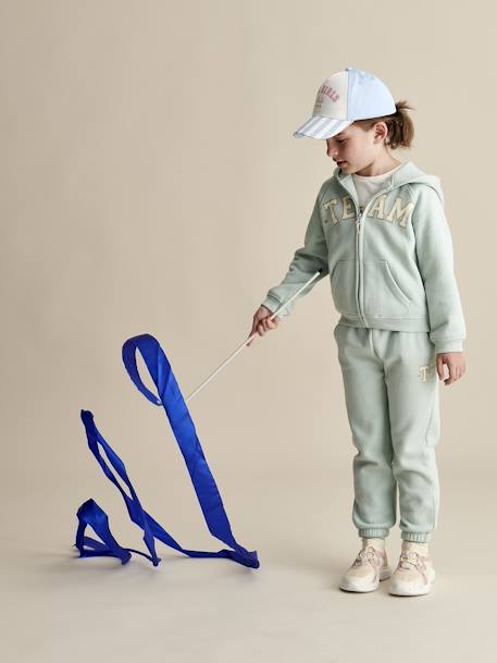 Molton joggingbroek voor meisjes met paperbag ceintuur blauwgroen+gemêleerd beige+marineblauw - vertbaudet enfant 
