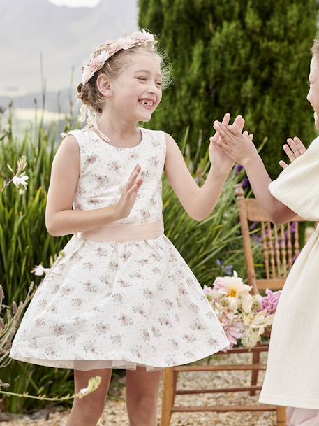 Feestelijke meisjesjurk met aquarel bloemmotieven aan de onderkant lichtblauw+lichtroze+roze, bedrukt+wit+wit, bedrukt - vertbaudet enfant 