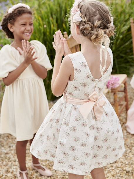 Feestelijke meisjesjurk met aquarel bloemmotieven aan de onderkant lichtblauw+lichtroze+roze, bedrukt+wit+wit, bedrukt - vertbaudet enfant 