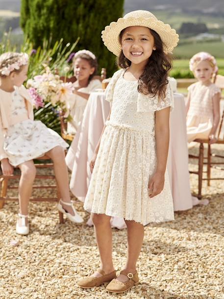 Feestelijke jurk van geborduurd tule met bloemenprint vanille - vertbaudet enfant 