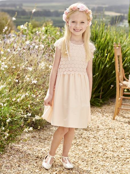 Formele jurk met 2-in-1 effect in macramé voor meisjes ivoor+nude - vertbaudet enfant 