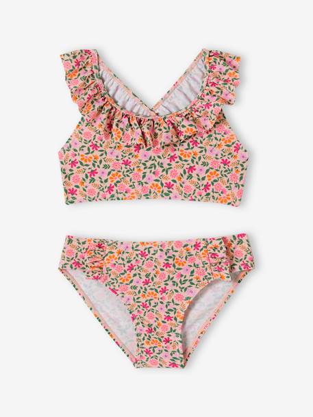 2-delig badpak voor meisjes met bloemenprint groen, bedrukt+lichtroze - vertbaudet enfant 