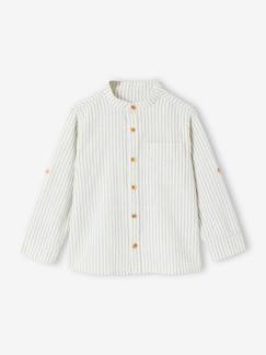 Jongens-Overhemd-Jongensoverhemd met gestreepte maokraag van katoen/linnen met oprolbare mouwen