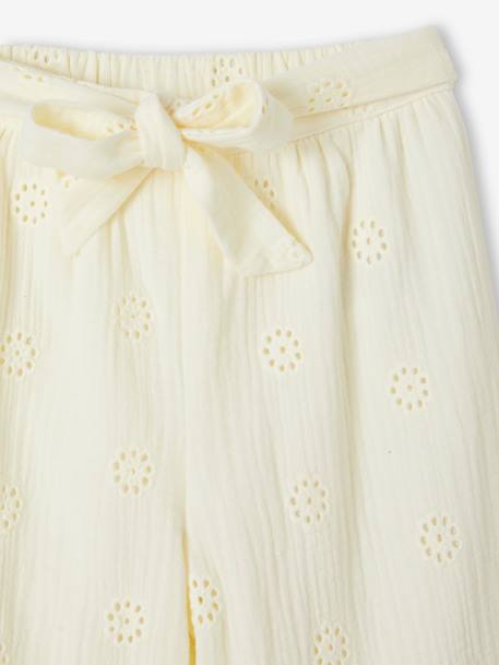 Ruime broek met bloemborduursel van katoengaas meisjes vanille - vertbaudet enfant 