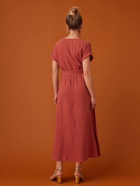 Lange zwangerschapsjurk van katoengaas ENVIE DE FRAISE beige+marineblauw+terracotta - vertbaudet enfant 
