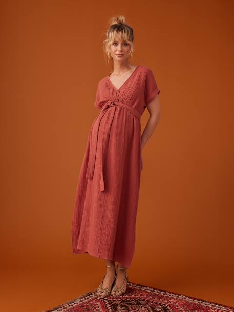 Lange zwangerschapsjurk van katoengaas ENVIE DE FRAISE beige+marineblauw+terracotta - vertbaudet enfant 
