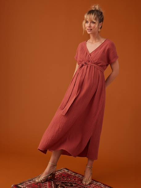 Lange zwangerschapsjurk van katoengaas ENVIE DE FRAISE beige+marineblauw+terracotta - vertbaudet enfant 