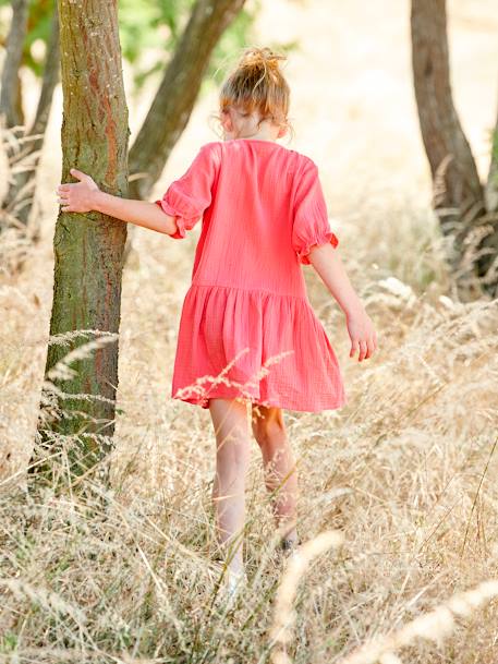 Jurk met knopen van katoengaas rood - vertbaudet enfant 