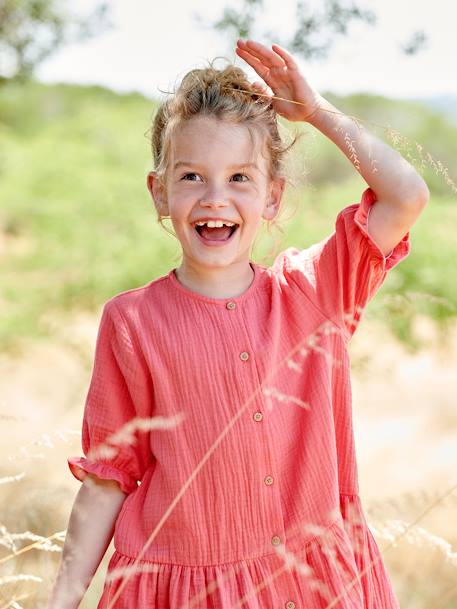 Jurk met knopen van katoengaas rood - vertbaudet enfant 