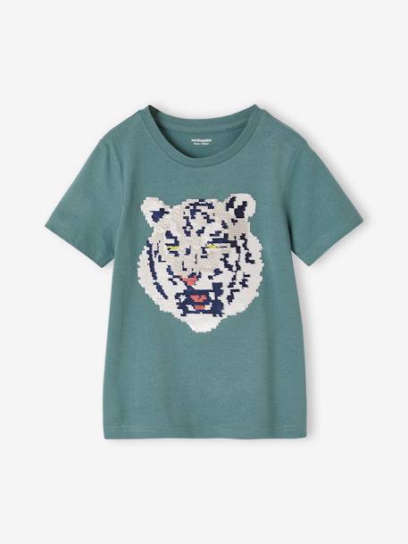 Jongensshirt met motief in omkeerbare pailletten Basics blauwgroen+ecru+nachtblauw+oceaanblauw+wit - vertbaudet enfant 