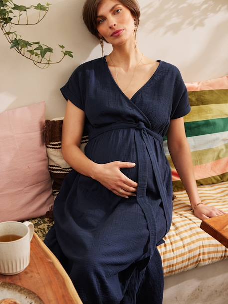 Lange zwangerschapsjurk van katoengaas ENVIE DE FRAISE beige+marineblauw+terracotta - vertbaudet enfant 