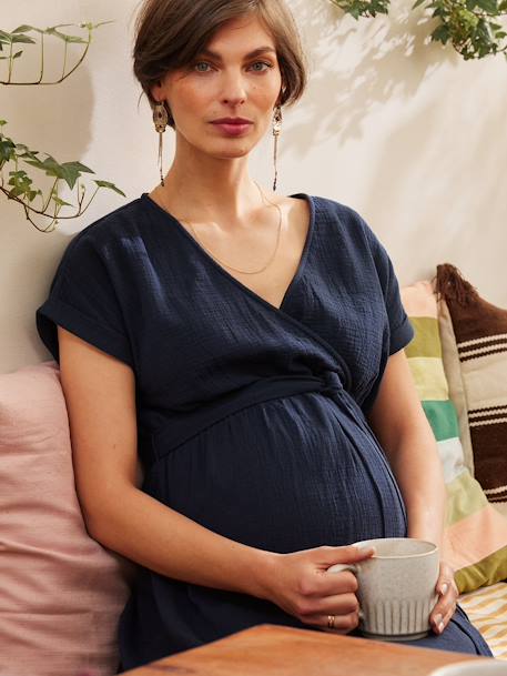 Lange zwangerschapsjurk van katoengaas ENVIE DE FRAISE beige+marineblauw+terracotta - vertbaudet enfant 