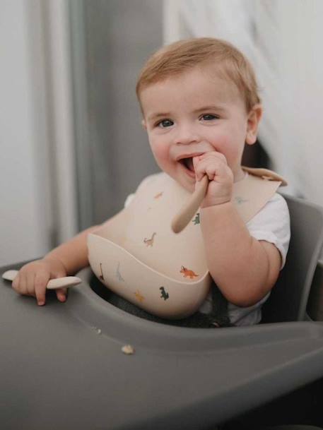 Silicone slabbetje met opvangzakje MUSHIE beige+marineblauw+meerkleurig - vertbaudet enfant 