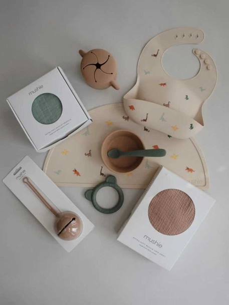 Silicone slabbetje met opvangzakje MUSHIE beige+marineblauw+meerkleurig - vertbaudet enfant 