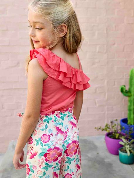 Asymmetrisch geruit T-shirt voor meisjes ecru+koraal+saliegroen - vertbaudet enfant 