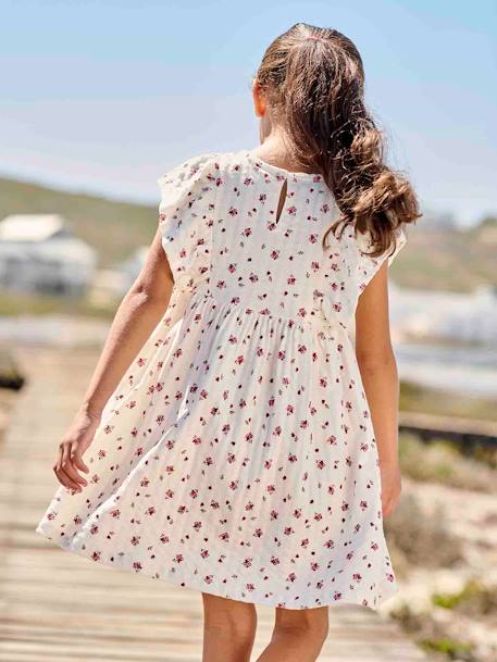 Bloemenjurk van tricot met reliëf ecru - vertbaudet enfant 