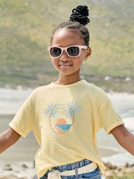 Bedrukt meisjesshirt in geweven stof met reliëf koraal+pastelgeel - vertbaudet enfant 
