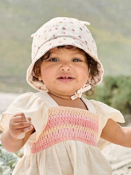 Hoed met berenprint voor babymeisjes ecru+rozen - vertbaudet enfant 