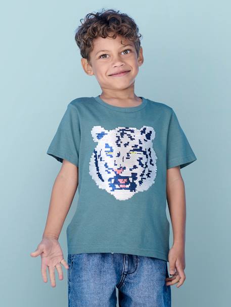 Jongensshirt met motief in omkeerbare pailletten Basics blauwgroen+ecru+nachtblauw+oceaanblauw+wit - vertbaudet enfant 