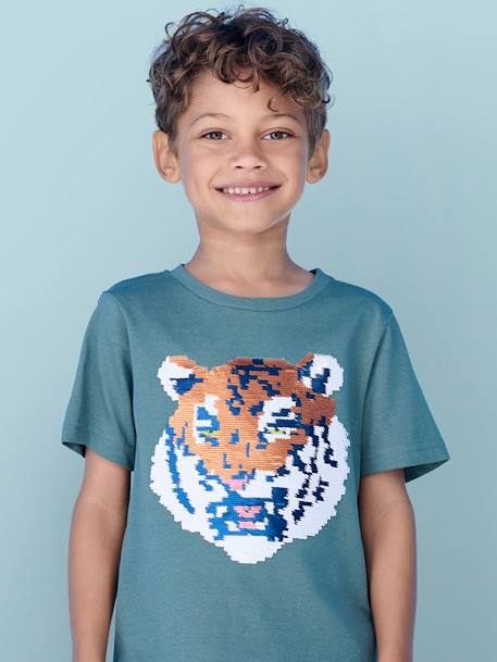Jongensshirt met motief in omkeerbare pailletten Basics blauwgroen+wit - vertbaudet enfant 