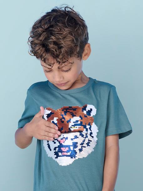 Jongensshirt met motief in omkeerbare pailletten Basics blauwgroen+ecru+nachtblauw+oceaanblauw+wit - vertbaudet enfant 