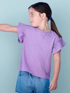 Meisje-T-shirt, souspull-T-shirt-Geborduurd meisjesshirt met bloemen en ruches op de mouwen