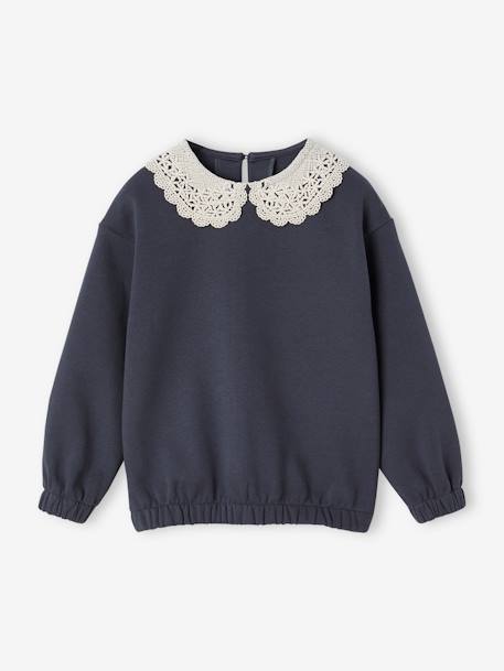 Sweater met sierlijke kraag van macramé meisjes antraciet - vertbaudet enfant 