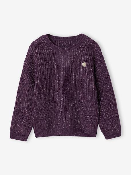 Gebreide meisjestrui met iriserende badge en parels antraciet+paars - vertbaudet enfant 