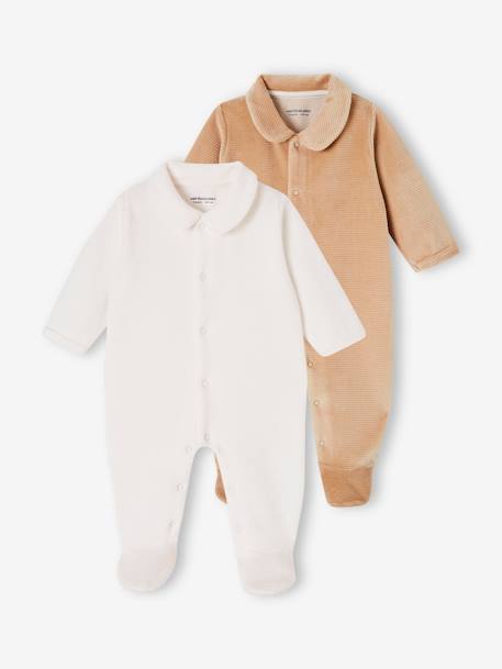 Set van 2 geribd fluwelen babyslaappakjes met opening voor beige+rozen - vertbaudet enfant 