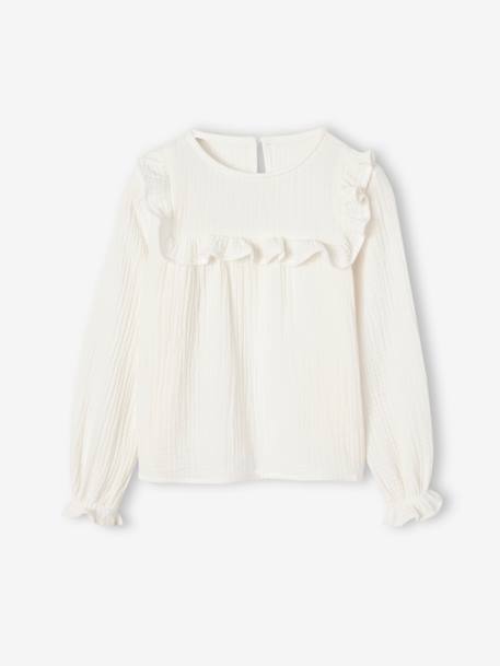 Meisjesblouse met ruches van katoengaas ecru+koraal - vertbaudet enfant 