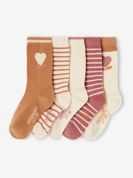 Set van 5 paar meisjessokken met hartjes abrikoos+beige+chambrayblauw+zachtpaars - vertbaudet enfant 