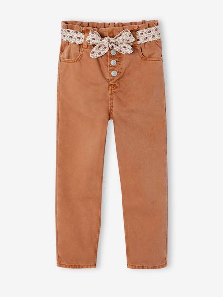 Paperbag broek voor meisjes met sjaal-riem met bloemen kaneel+zachtpaars - vertbaudet enfant 