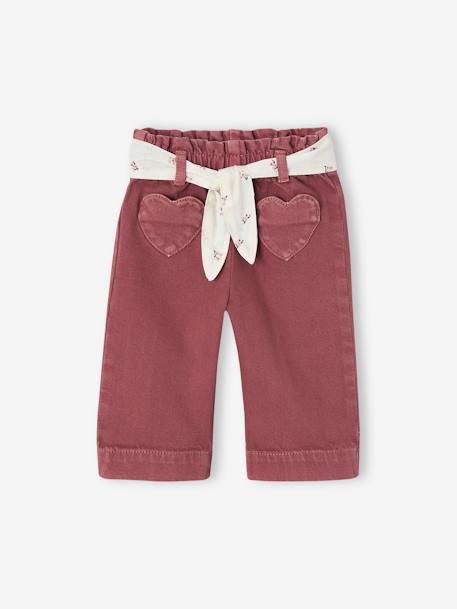 Wijde broek met kleur babymeisje met riem om te strikken beige+donkerpaars+karamel - vertbaudet enfant 
