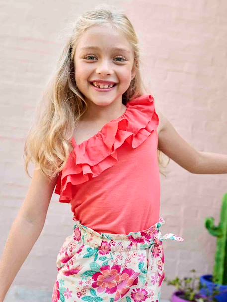 Asymmetrisch geruit T-shirt voor meisjes ecru+koraal+saliegroen - vertbaudet enfant 