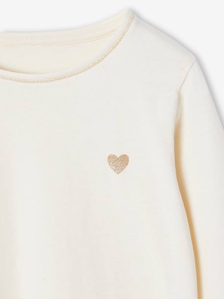 T-shirt Basics met hartjes en pailletten en lange mouwen ecru+roze (poederkleur) - vertbaudet enfant 