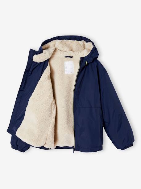 Windjack met capuchon en sherpavoering voor jongens kaki+karamel+marineblauw+olijf - vertbaudet enfant 