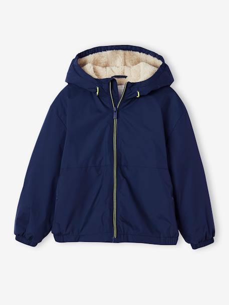 Windjack met capuchon en sherpavoering voor jongens kaki+karamel+marineblauw+olijf - vertbaudet enfant 
