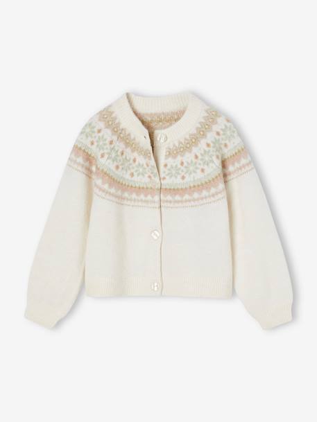 Jacquard meisjesvest met fantasiebreiwerk van glimmende draad ecru - vertbaudet enfant 