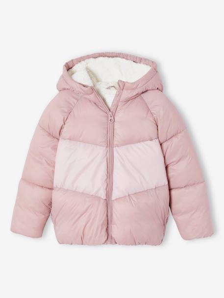 Donsjack met capuchon colorblock meisjes zachtpaars - vertbaudet enfant 