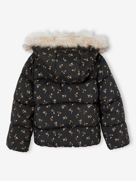 Donsjack met capuchon voor meisjes met fleece voering antraciet+goud+roze (poederkleur) - vertbaudet enfant 