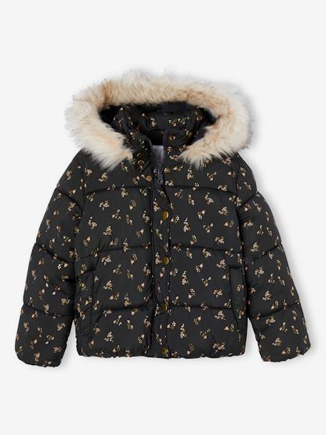 Donsjack met capuchon voor meisjes met fleece voering antraciet+goud+roze (poederkleur) - vertbaudet enfant 